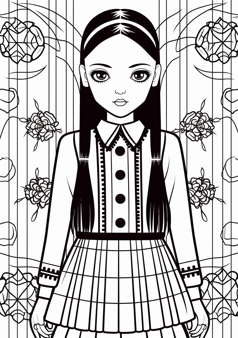 Wednesday Addams in a stylish modern dress with intricate patterns; bold, clean outlines. printable coloring page, black and white, free download