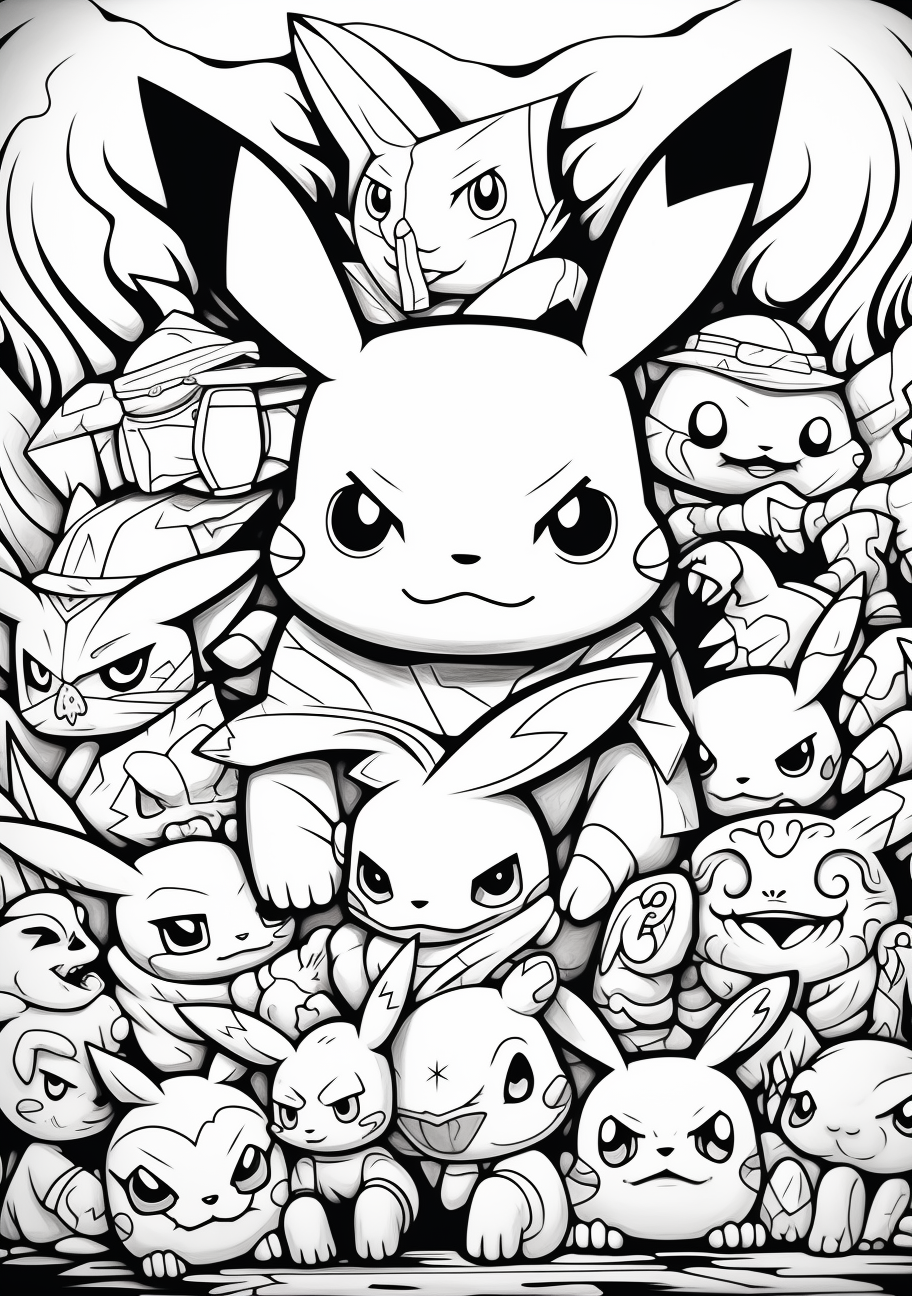 Pikachu along with its Pokemon squad; detailed features and expressive, dynamic poses. printable coloring page, black and white, free download