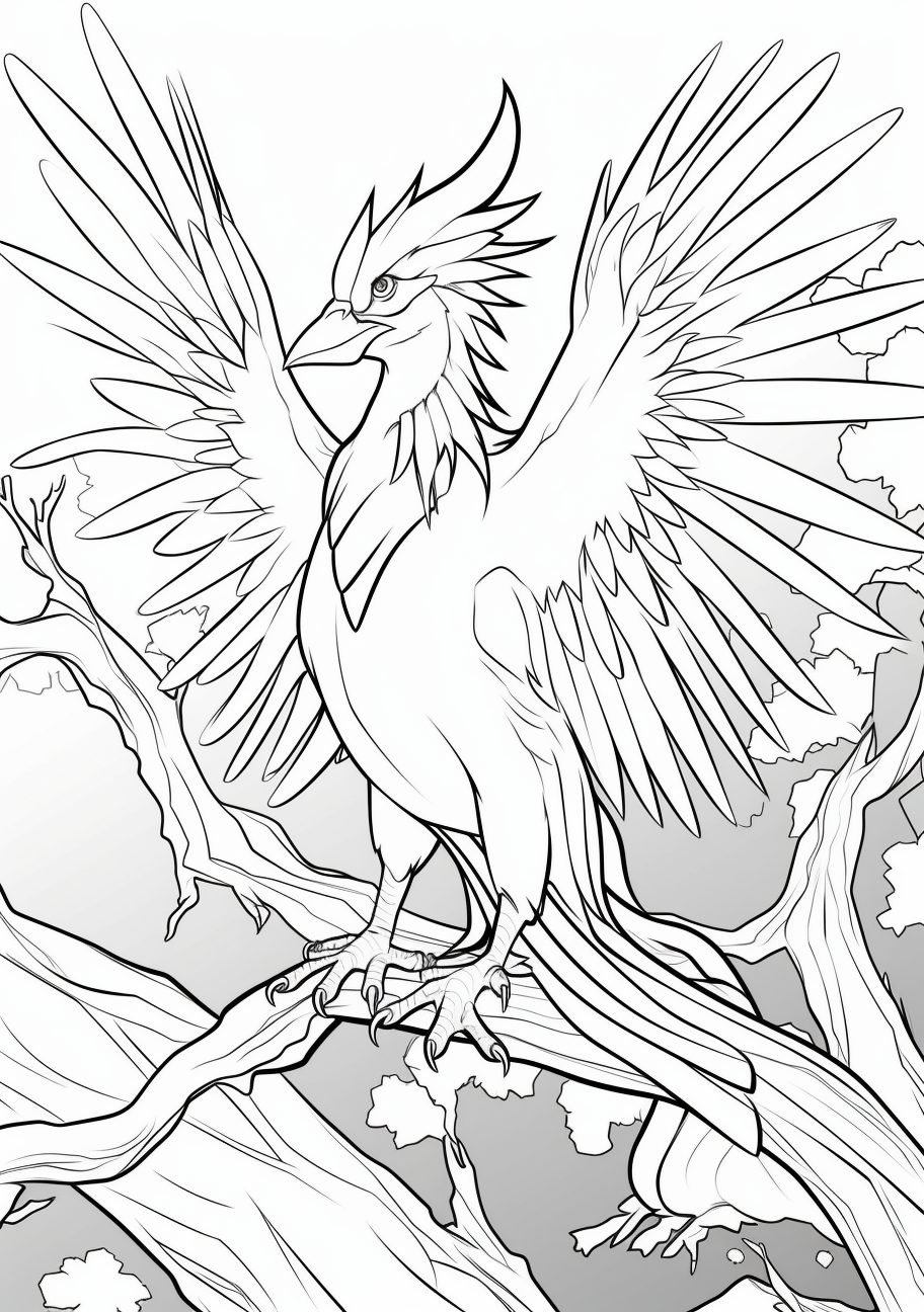 Articuno in mid-flight, feathers delicately drawn; bold and detailed lines. printable coloring page, black and white, free download