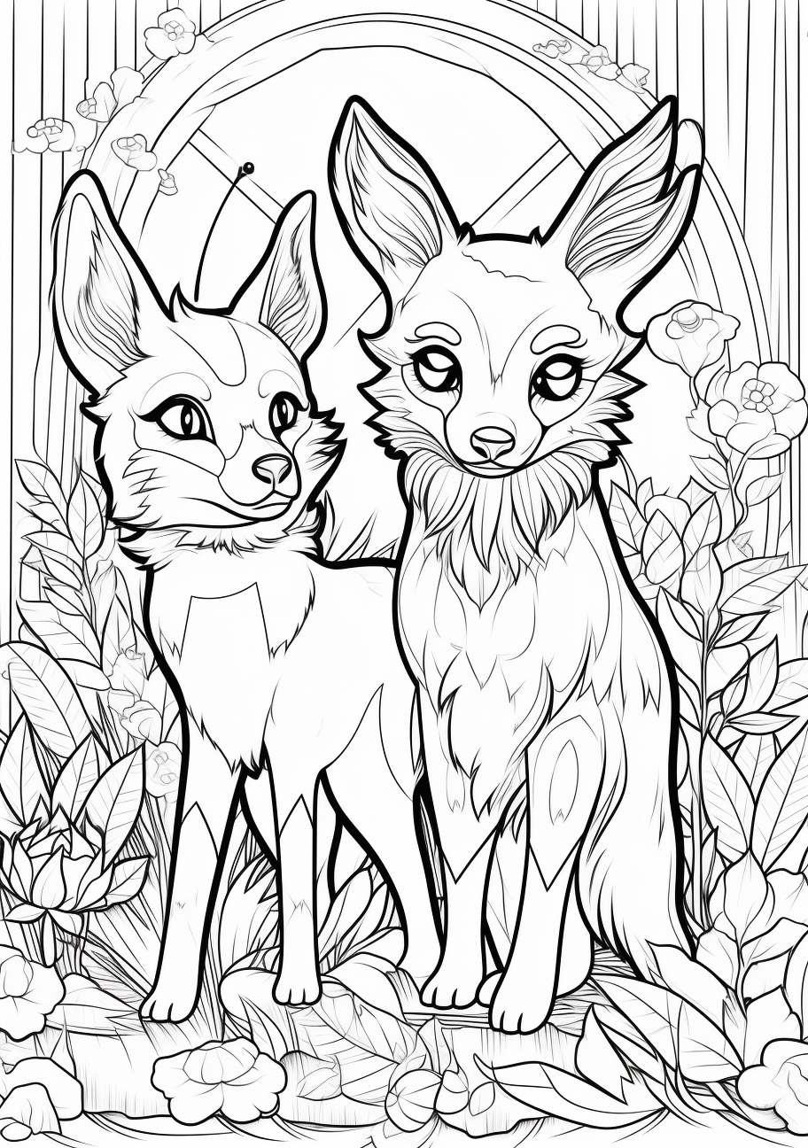 Pikachu and Eevee in opposing stances; dynamic lines and expressive shapes. printable coloring page, black and white, free download