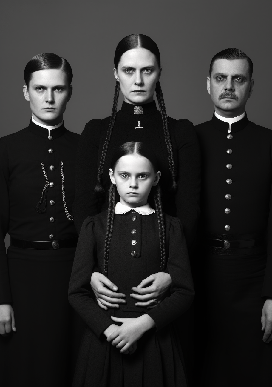 Family portrait of The Addams with an emphasis on Wednesday; intricate lines and shapes. printable coloring page, black and white, free download