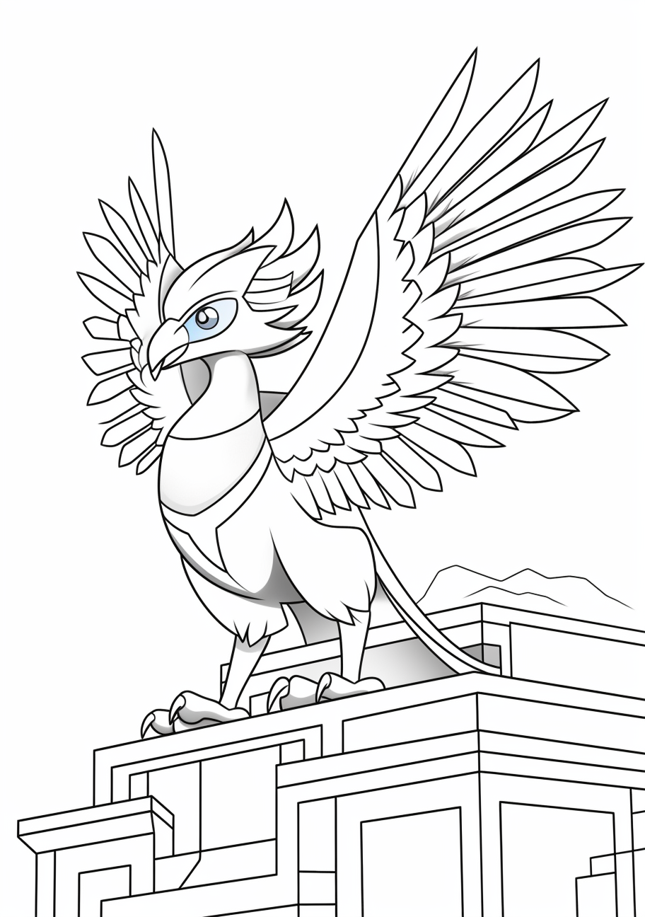 Ho-Oh, the rainbow Pokemon, captured with prominent wings and plumes; simple, dynamic lines. printable coloring page, black and white, free download