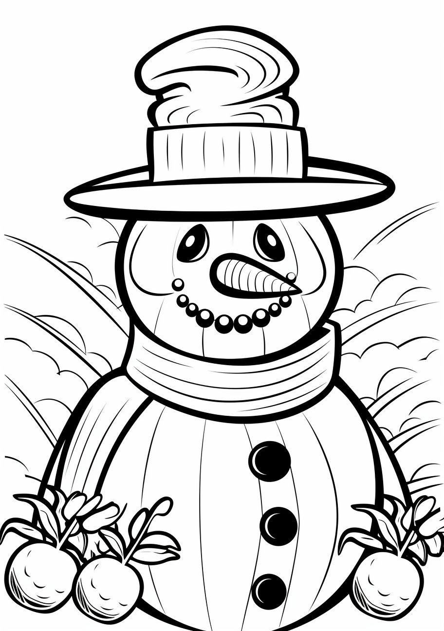 Snowman featuring button-like features and stick arms; basic geometric forms.printable coloring page, black and white, free download