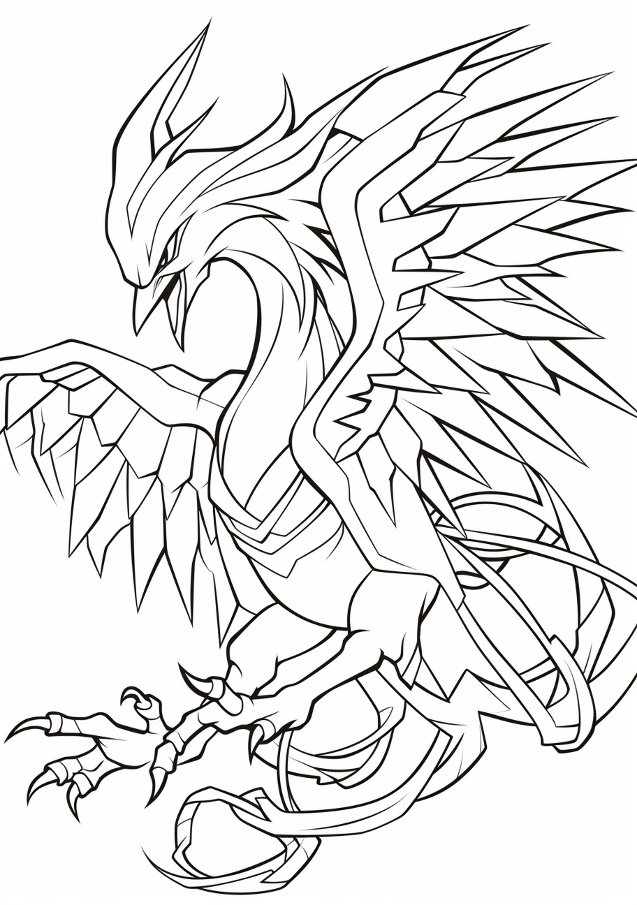 Fire-laced Moltres Pokemon; Emphasized in bold strokes with intricate details for flames. printable coloring page, black and white, free download