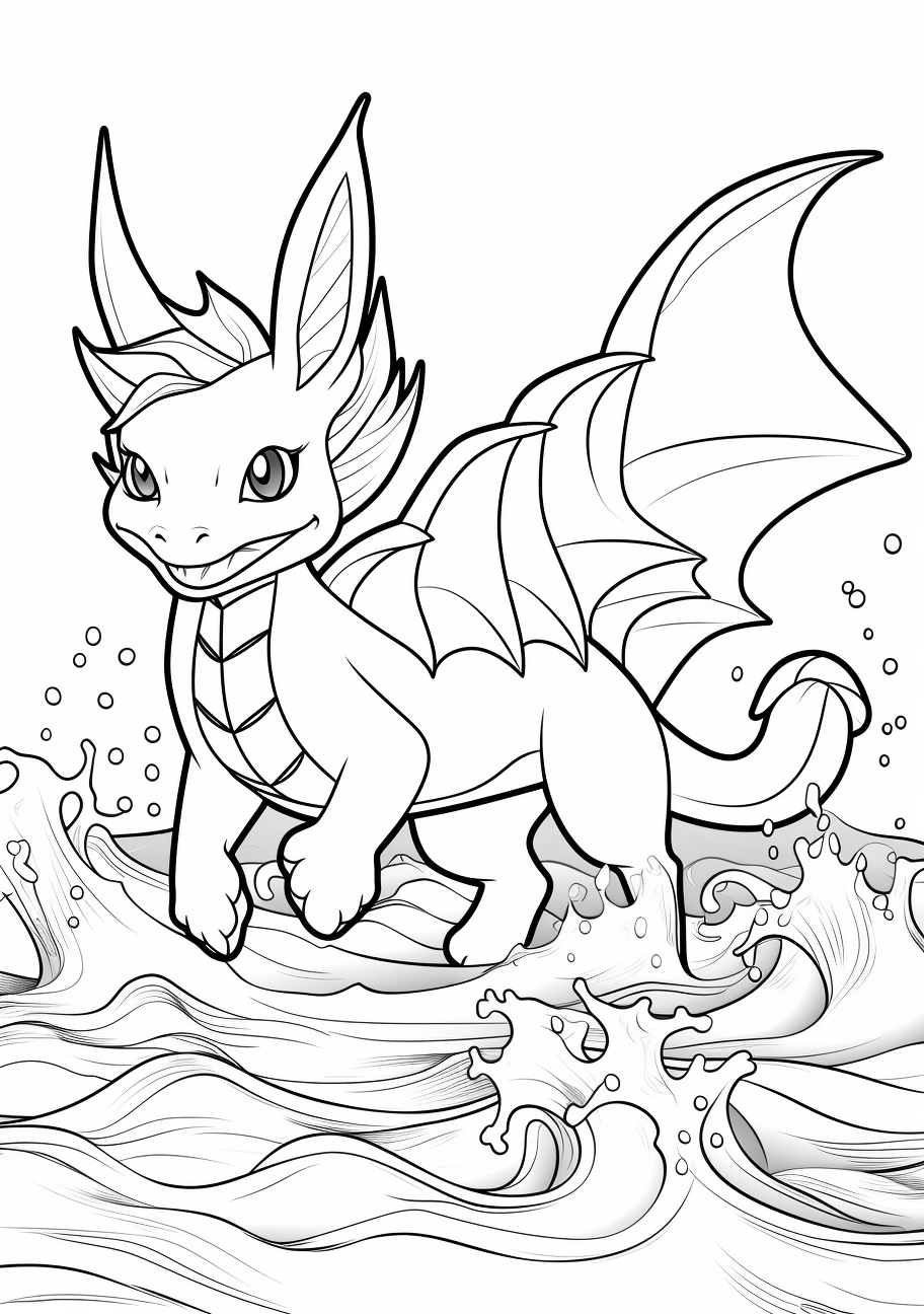 Vaporeon in aquatic stance; characterized by intricate line work and water-themed embellishments. printable coloring page, black and white, free download