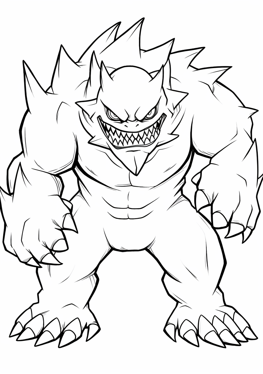 Artwork of Mega Gengar, emphasizing on its formidable posture and penetrating gaze. printable coloring page, black and white, free download