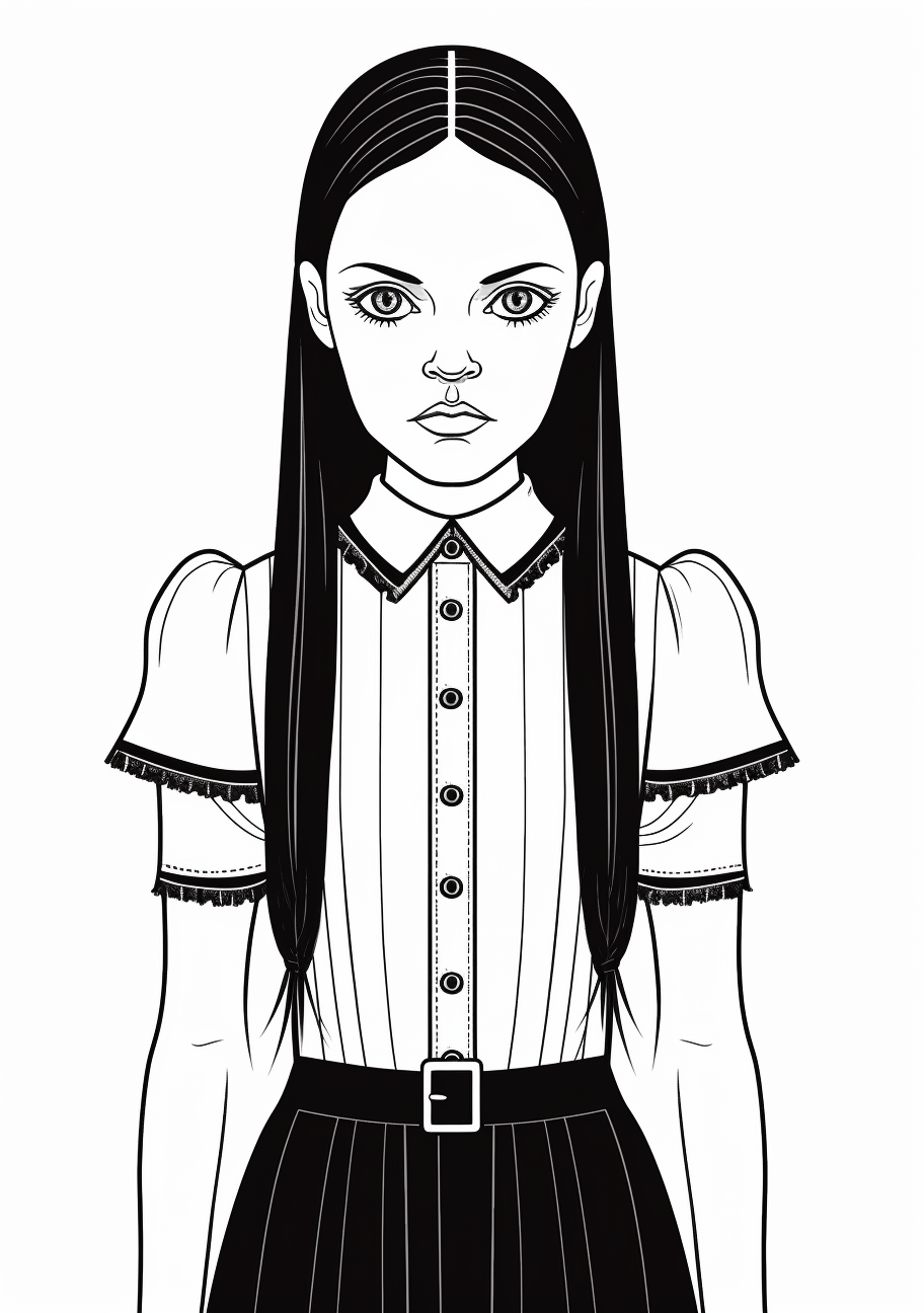 Classic depiction of Wednesday Addams with braided hair and collared dress; precise linework. printable coloring page, black and white, free download