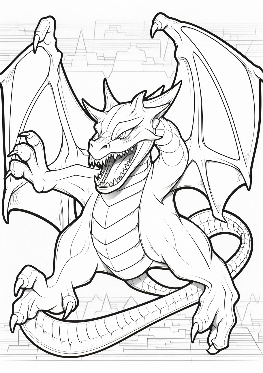 Close-up of final evolution Pokemon, Charizard with its distinguishing features; precise lines and detailed design. printable coloring page, black and white, free download