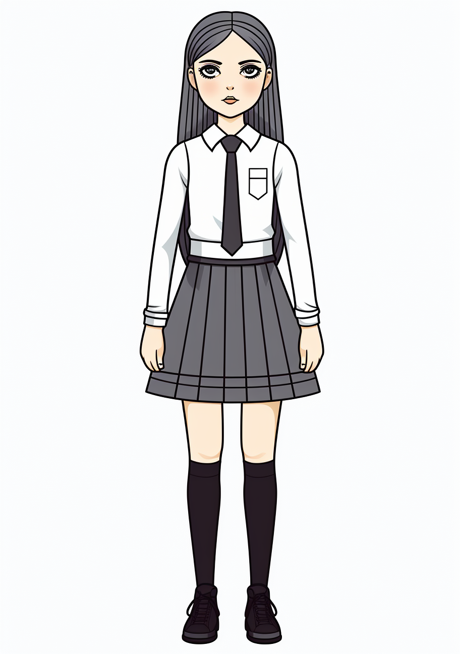 Classic stance of Wednesday Addams with her long braids and single button dress; moderately detailed outline. printable coloring page, black and white, free download