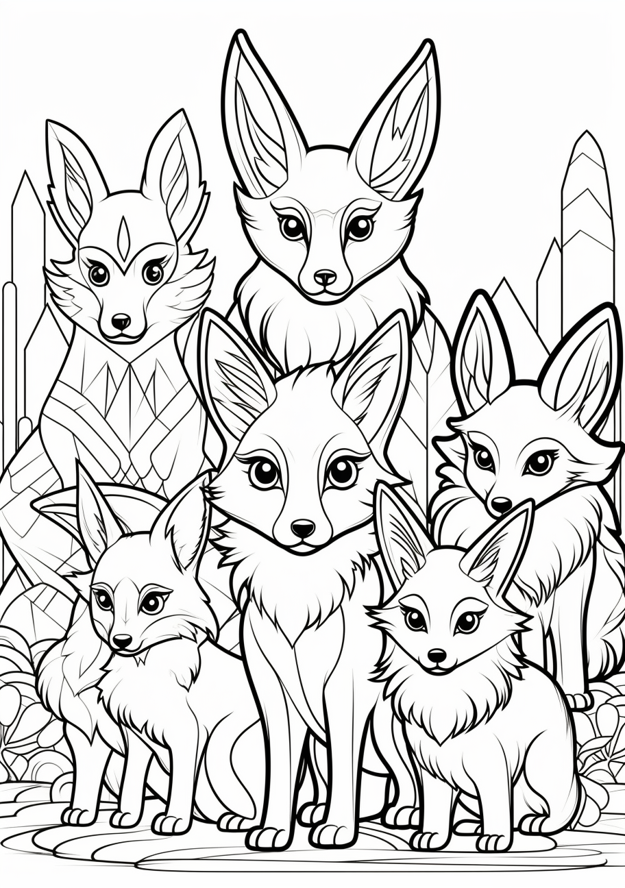 A sketch-style representation of different Eevee evolutions; fine lines and simple forms. printable coloring page, black and white, free download