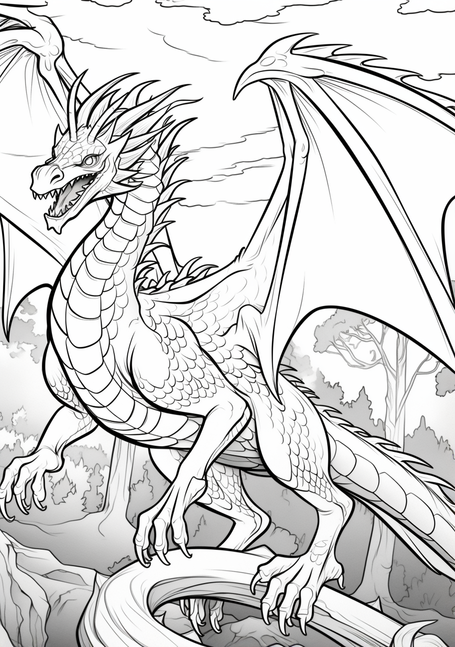 Winged dragon in the sky; pronounced scales and detailed wing patterns.printable coloring page, black and white, free download