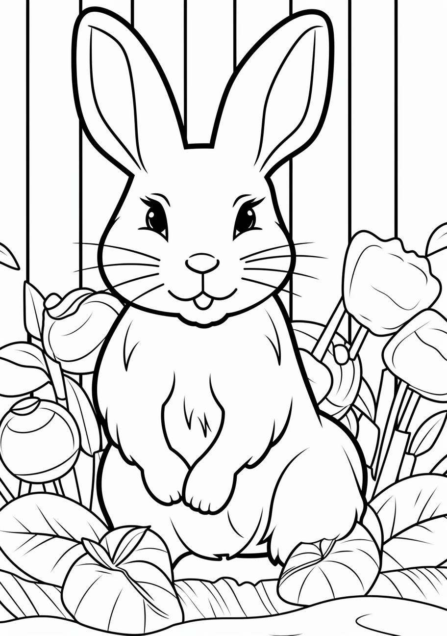 Bunny holding his favorite snack - a carrot, easy-to-follow lines.printable coloring page, black and white, free download