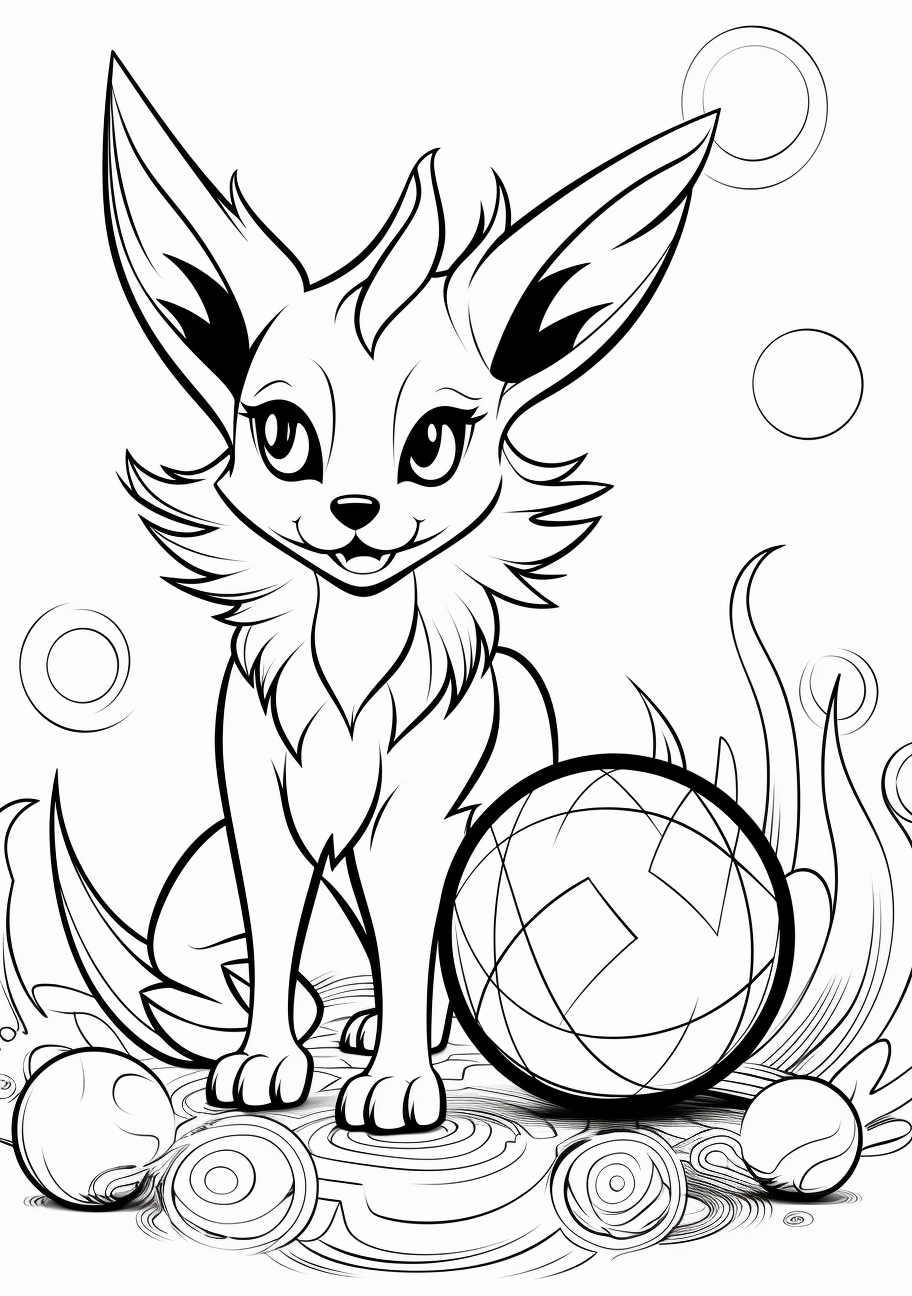 Scene featuring Eevee and a Poké Ball; moderate details and simple lines. printable coloring page, black and white, free download