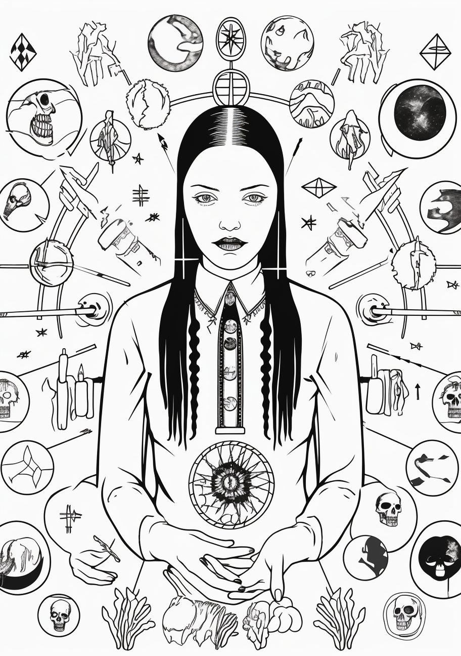 Wednesday Addams with a wand in hand; bursts of magic emanating from the wand with detailed, ornamental patterns. printable coloring page, black and white, free download