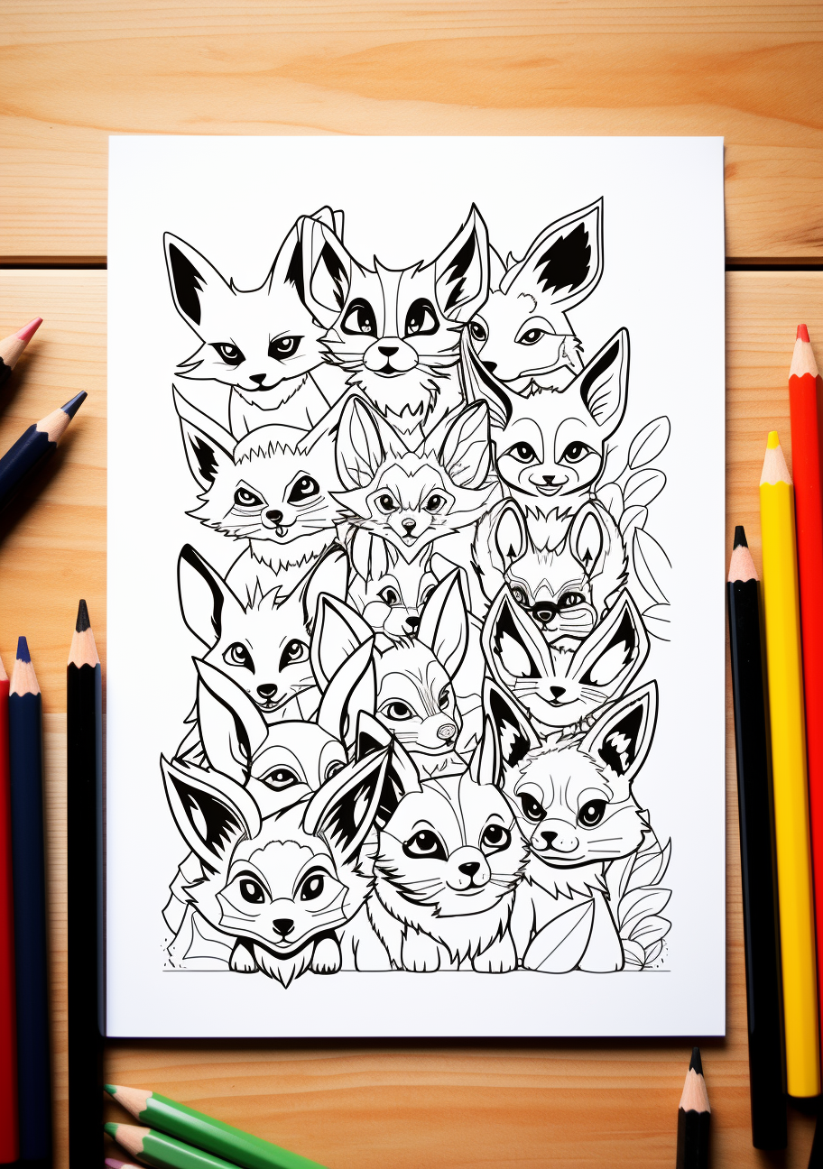 Retro Love foundation lies in Eevee evolutions depicted in bold but compact lines and patterns. printable coloring page, black and white, free download
