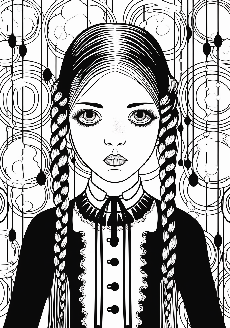Wednesday Addams holding a magical object in her hand; wavy lines and complex shapes. printable coloring page, black and white, free download