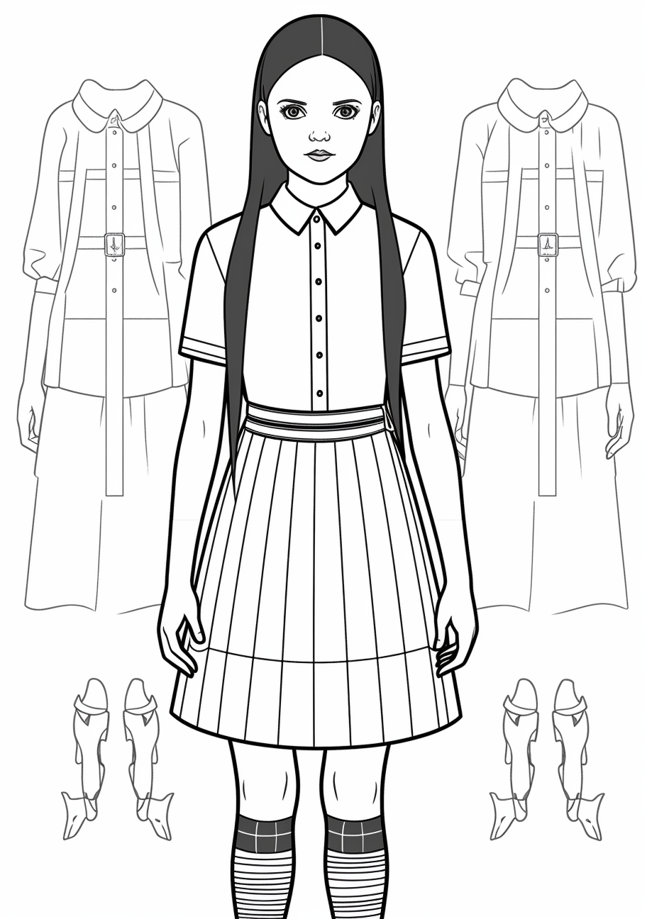 Wednesday Addams sporting her signature braids, surrounded by gothic floral elements; fine detailing and shading. printable coloring page, black and white, free download
