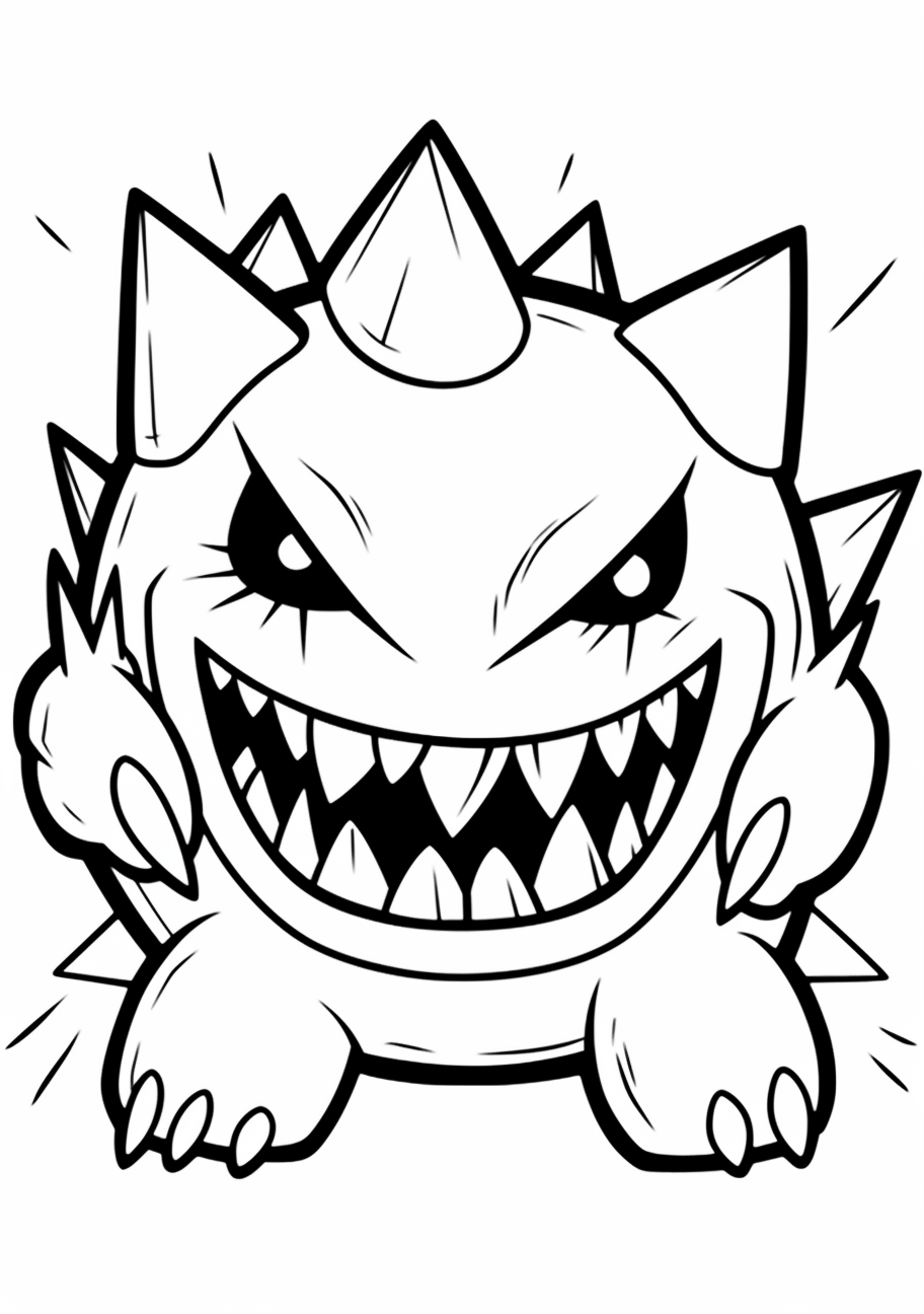 Joyful image of Mega Gengar; characterized by bold outlines and simple forms. printable coloring page, black and white, free download