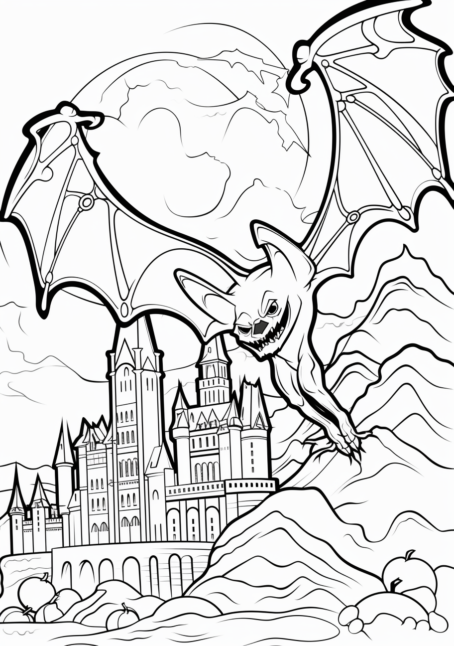 Depiction of a bat in flight with Halloween elements; moderately detailed outlines. phone art wallpaper