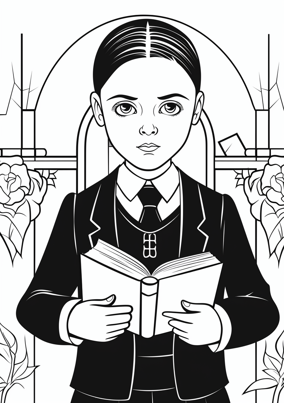 Wednesday Addams engrossed in a book; clear lines and detailed hair strands. printable coloring page, black and white, free download
