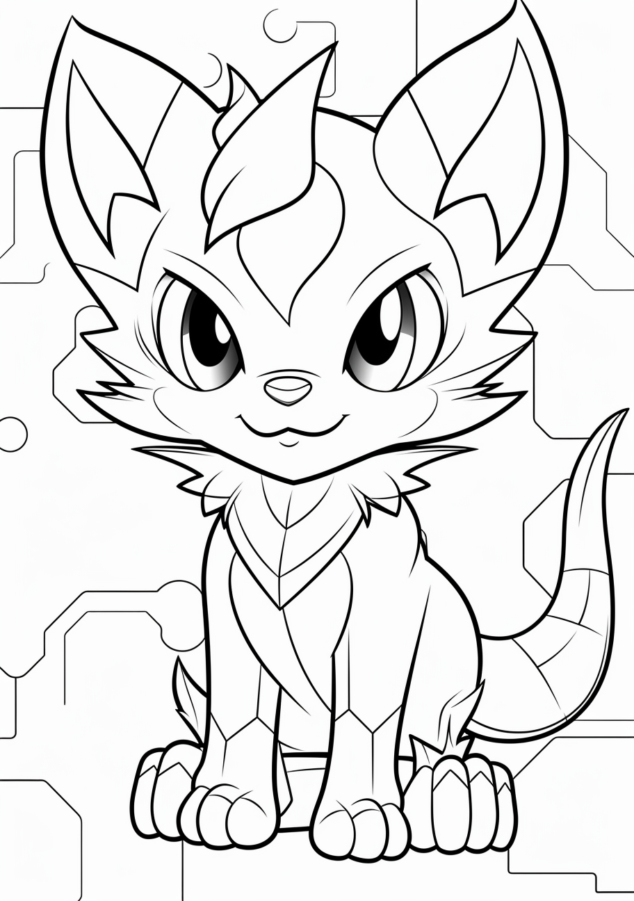 Starter Pokemon C presented in its iconic pose; striking lines and modest details. printable coloring page, black and white, free download