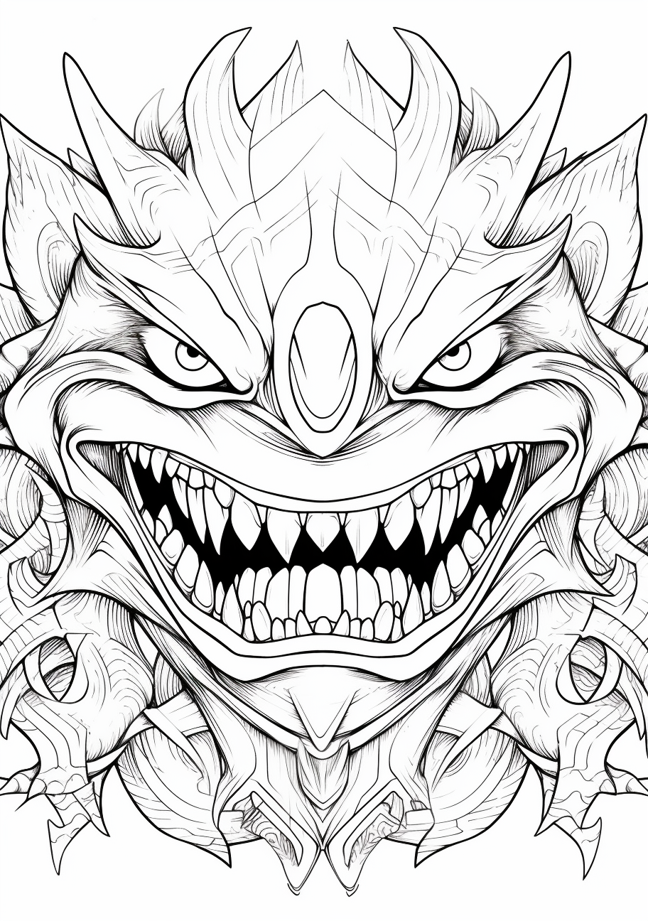 Naturalistic Mega Gengar stance; filled with detailed lines and complex patterns. printable coloring page, black and white, free download