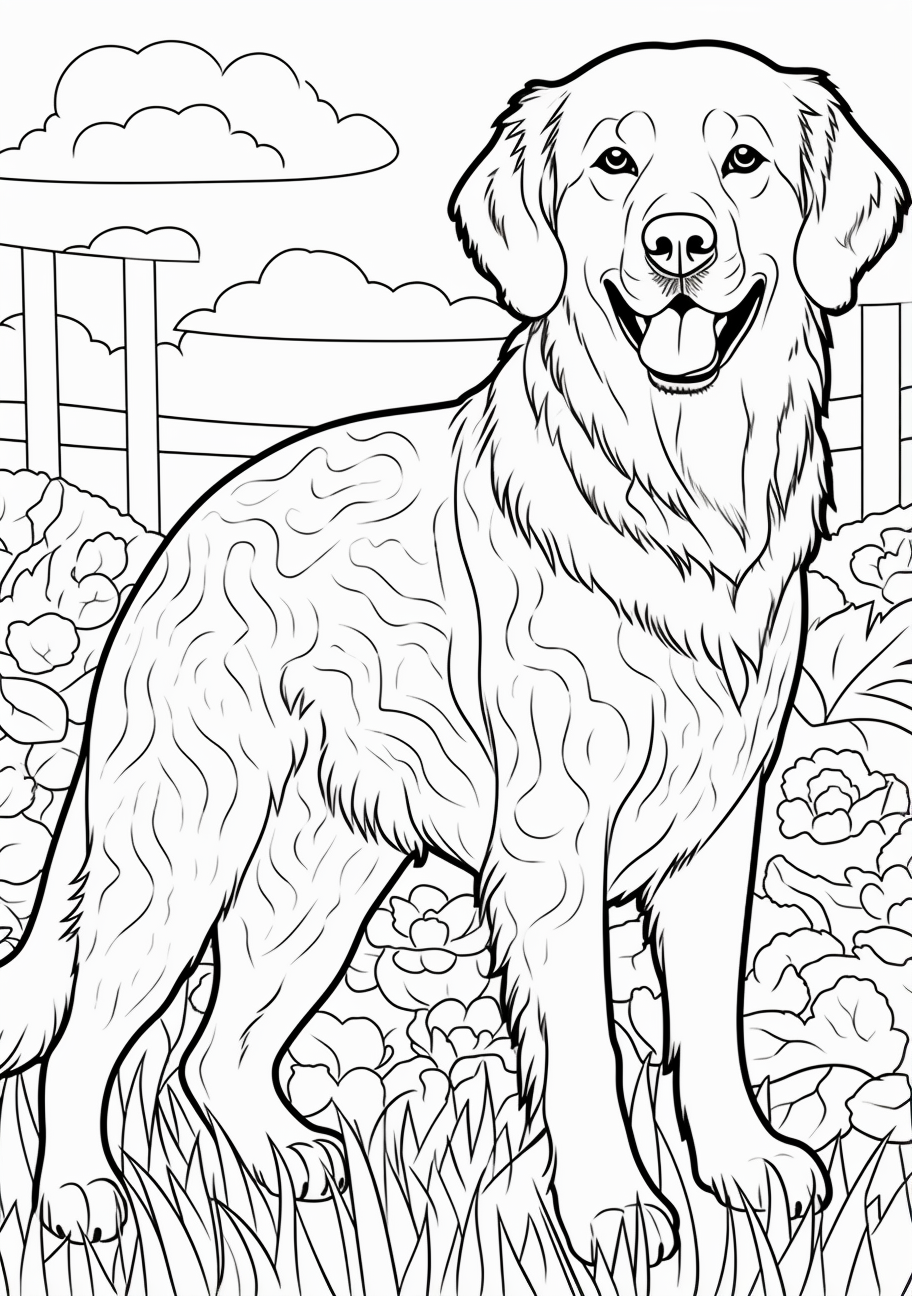 Intricate sketch of a Golden Retriever with an emphasis on the facial details printable coloring page, black and white, free download