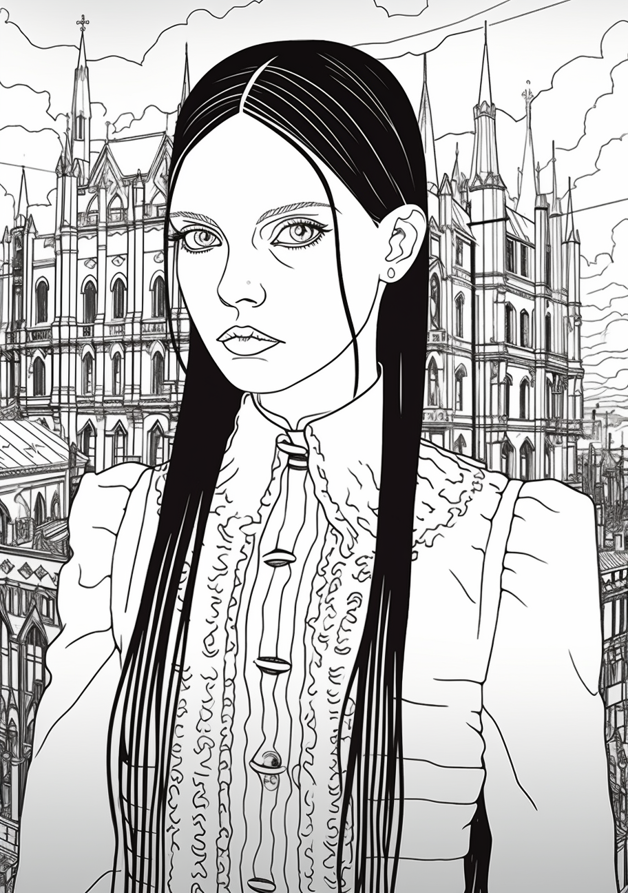 Close-up portrait of Wednesday Addams with her famous braids and collared dress; sharp detailing and contrasting lines. printable coloring page, black and white, free download