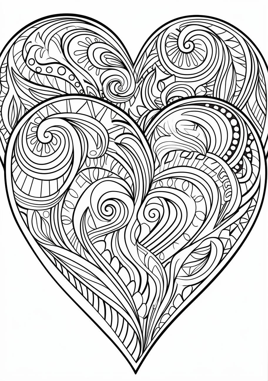 Heart outline filled with swirling designs; meticulous detailing and intricate lines.printable coloring page, black and white, free download