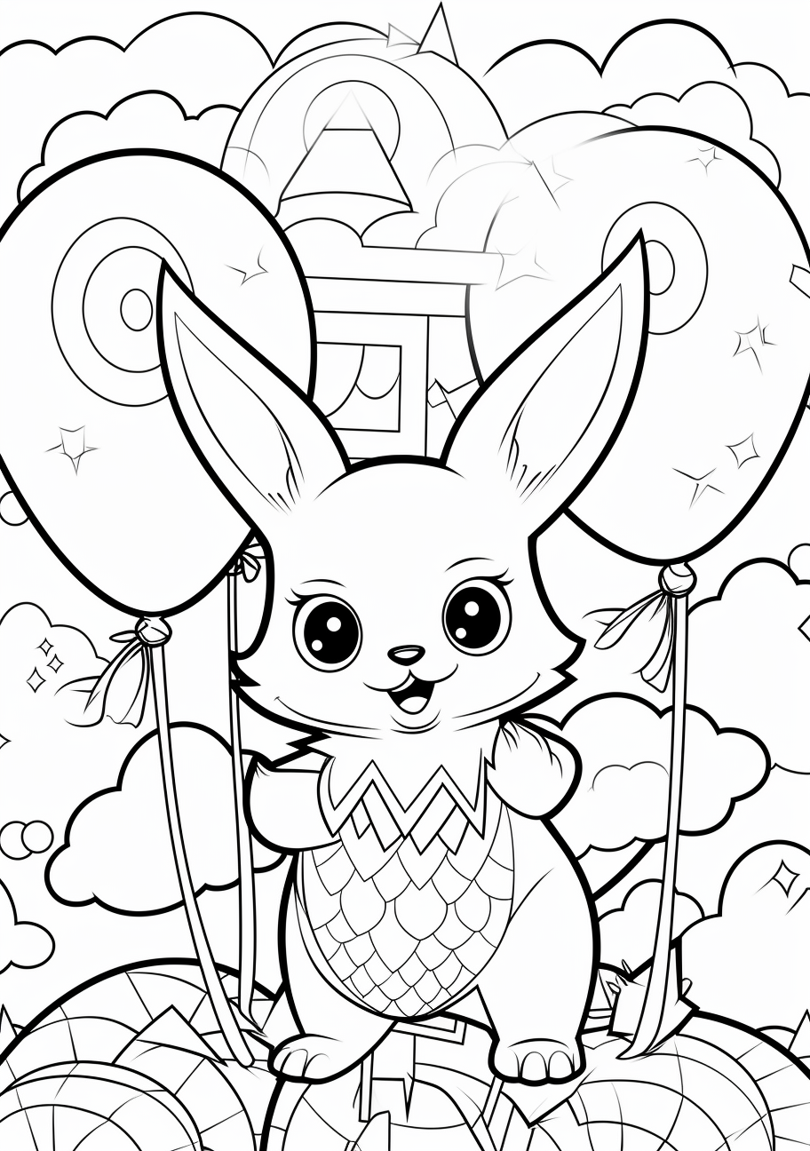 Cartoon style Pikachu holding balloons with a joyous expression printable coloring page, black and white, free download