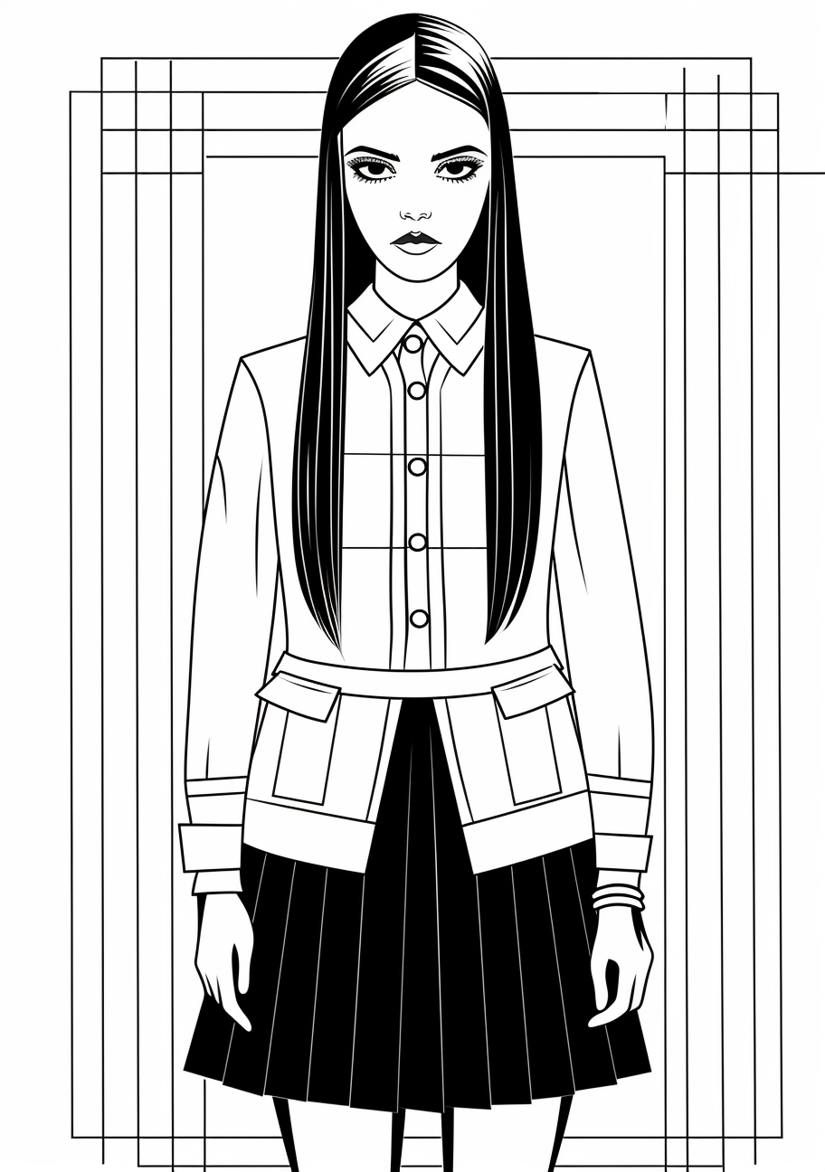 Wednesday Addams shown in a chic post-modern attire with simple lines and geometry. printable coloring page, black and white, free download