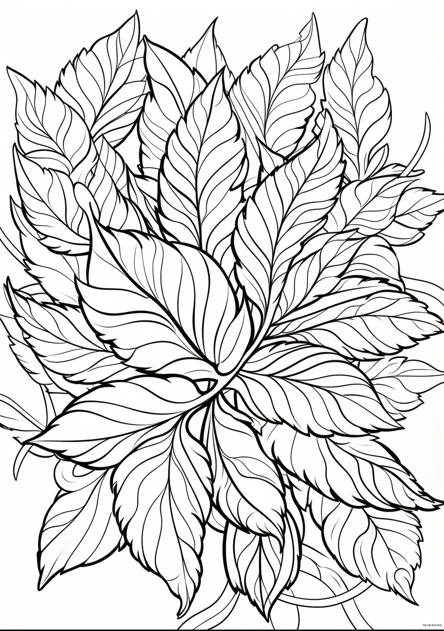 Showcases an assortment of autumn leaves with complex vein patterns; the detailing focuses heavily on the structure and texture of the leaves. printable coloring page, black and white, free download
