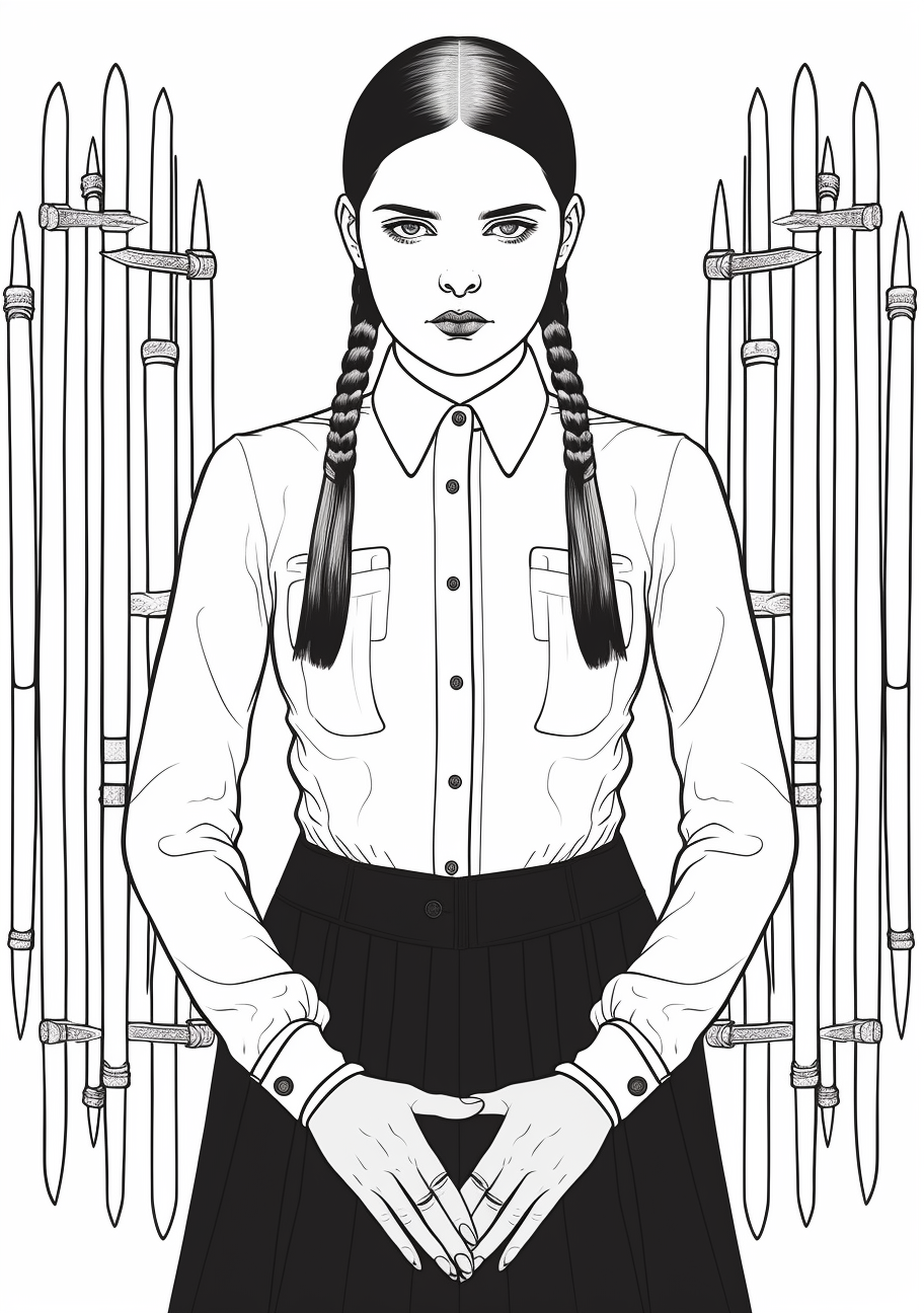 Wednesday Addams standing in her traditional pose with neutral facial expression; heavy detailing on her dress. printable coloring page, black and white, free download