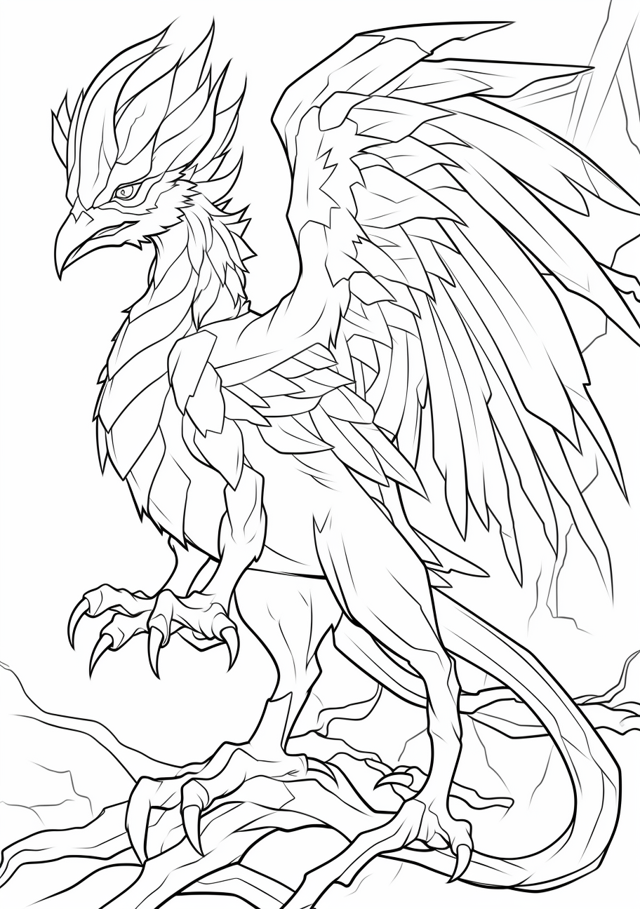 Articuno, a legendary bird Pokemon, distinguished by its frosted wings; carefully detailed lines. printable coloring page, black and white, free download