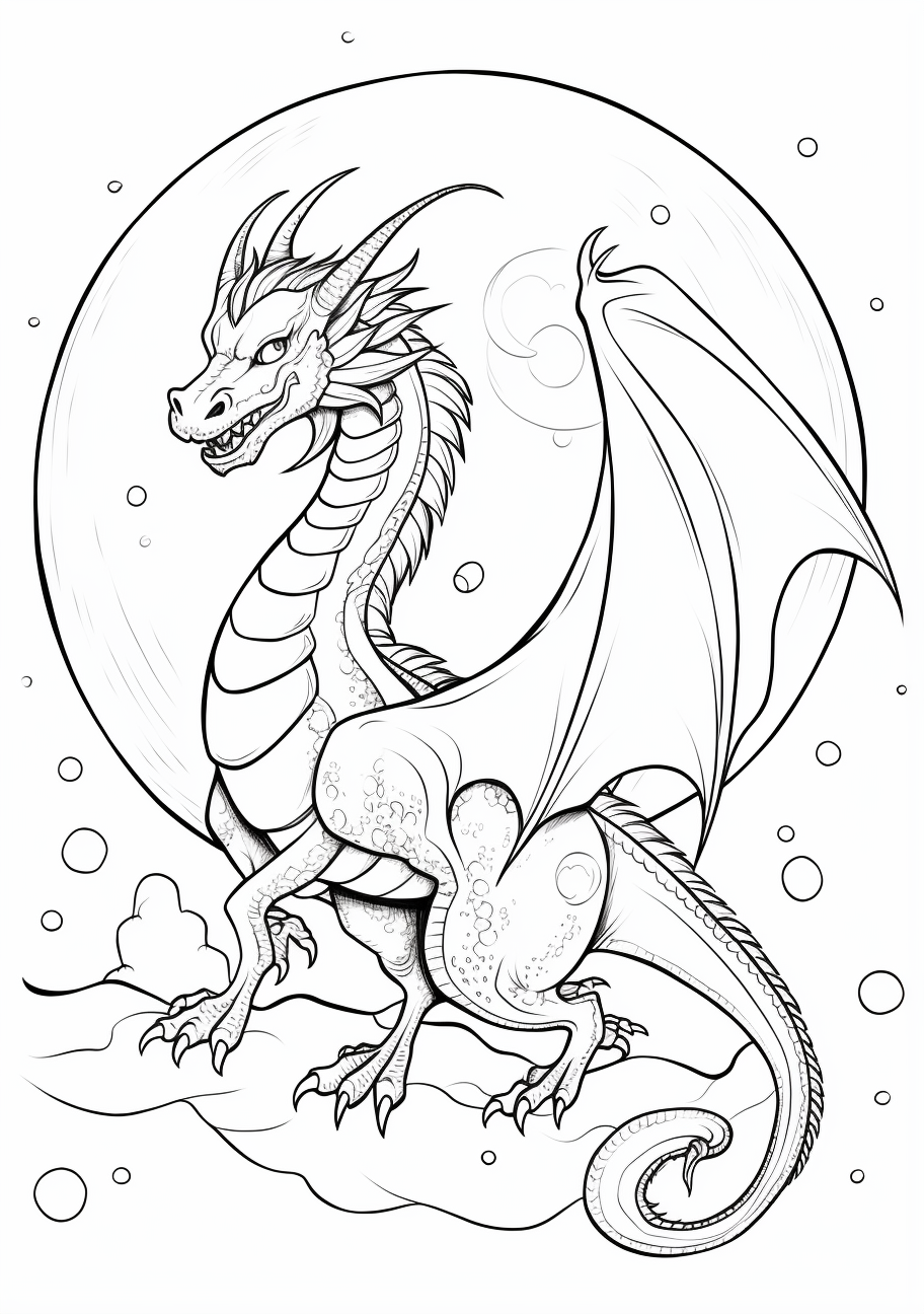 Fantasy dragon under the night sky; intricate scale patterns and a prominent moon.printable coloring page, black and white, free download