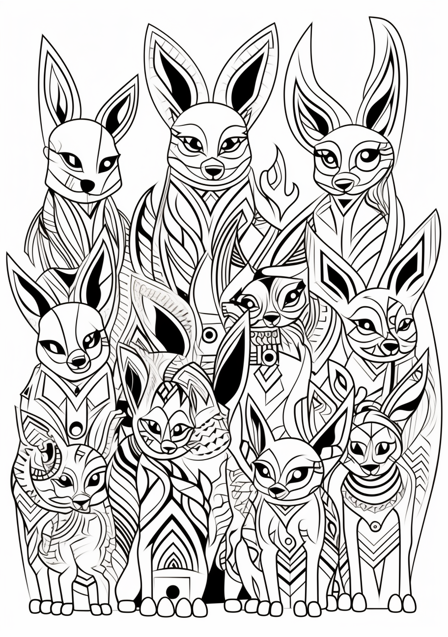 Intricately detailed illustrations of Eevee evolutions; features a detailed, abstract art style with carefully rendered designs. printable coloring page, black and white, free download