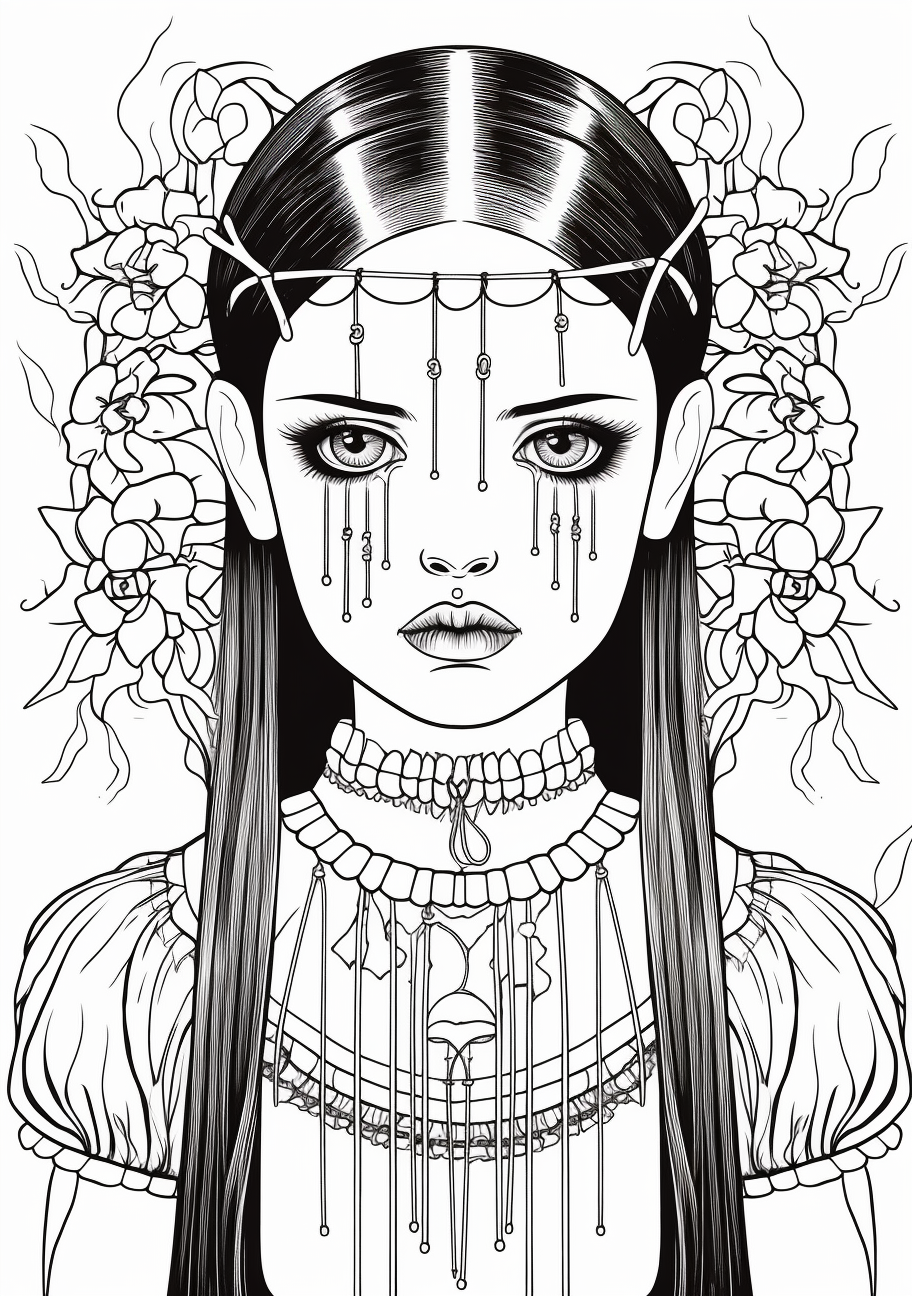 Artistic sketch of Wednesday Addams with detailed facial features and clothing. printable coloring page, black and white, free download