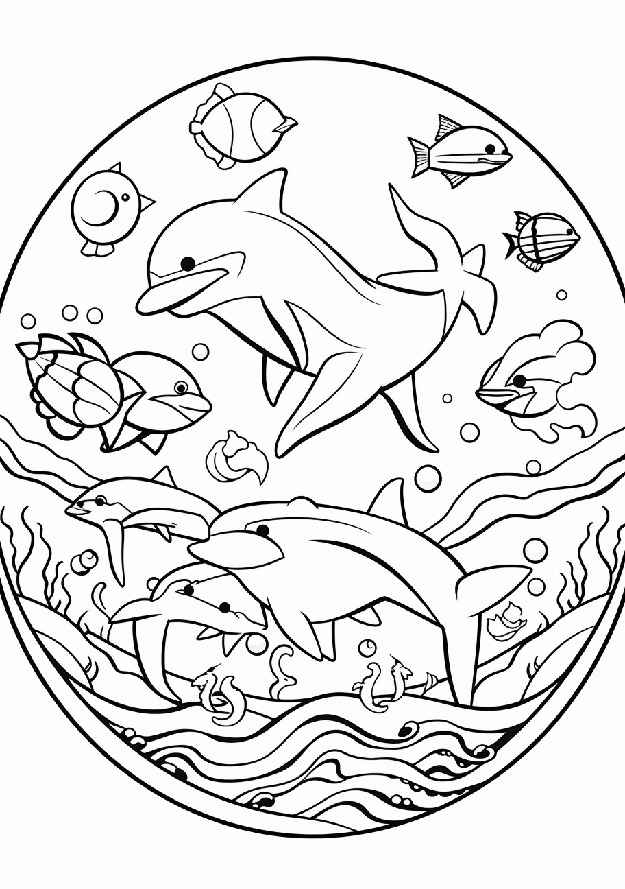 Underwater setting with fish and shells shaped as hearts; bold outlines and detailed imaging.printable coloring page, black and white, free download