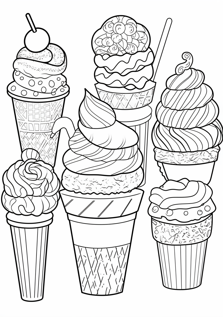 A feast of different ice cream scoops; each uniquely adorned with creative patterns.printable coloring page, black and white, free download