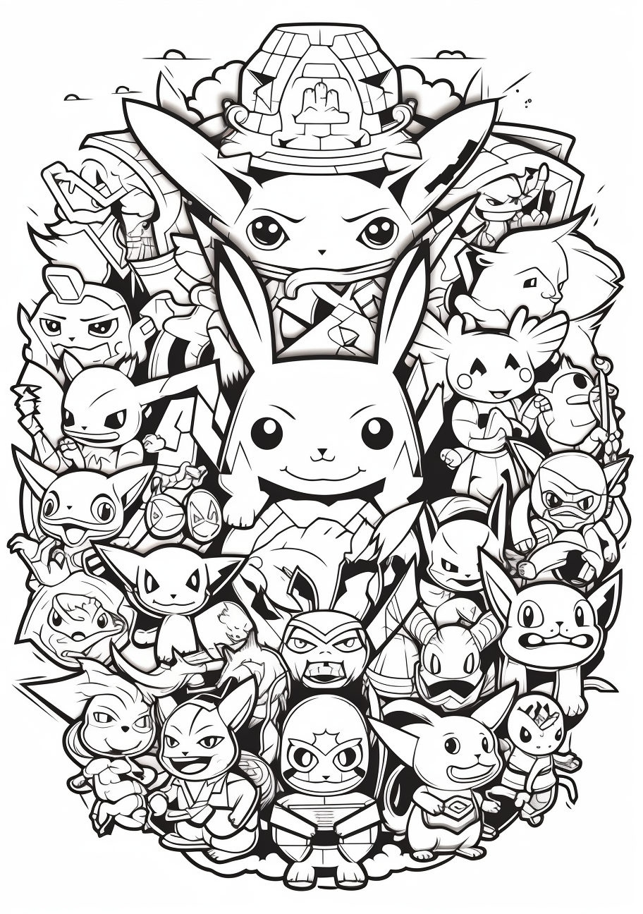 Pokemon gathering featuring Pikachu; prominent individual Pokemon attributes and strong outlines. printable coloring page, black and white, free download