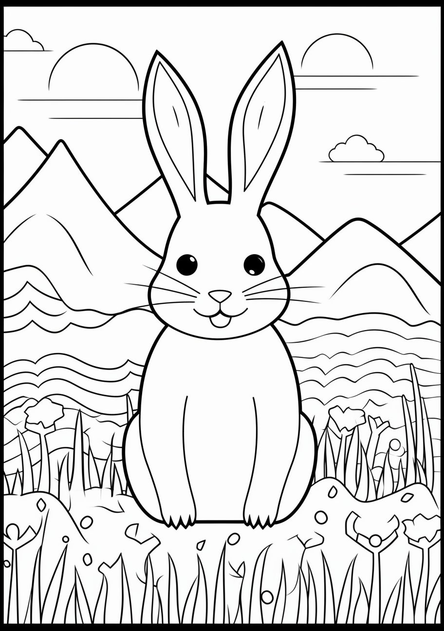 Bunny pictured amid a scene of natural beauty; basic lines and shapes.printable coloring page, black and white, free download