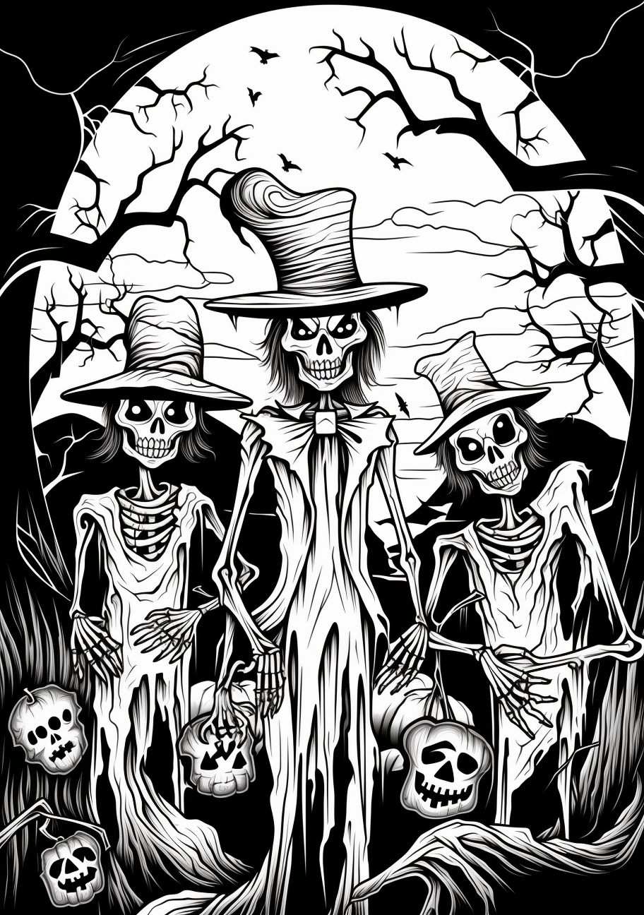 Menacing Halloween dusk illustration of scarecrows, sinister trees, and brooding clouds; fine details and patterns.printable coloring page, black and white, free download