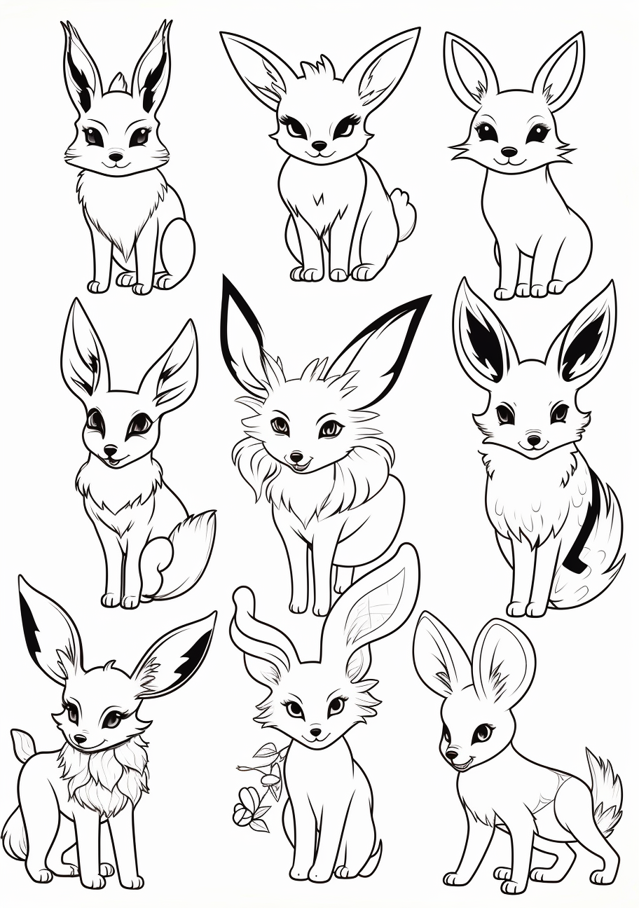Basic geometric approach to Eevee evolutions; clear lines and minimal details. printable coloring page, black and white, free download
