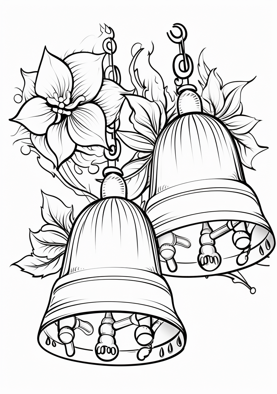 Detailed design of Christmas bells and ornaments; classic decorative patterns and intricate lines.printable coloring page, black and white, free download