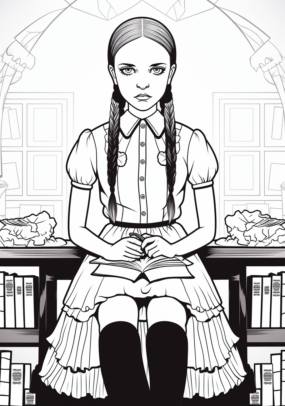 Wednesday Addams alone with her pet spider, display of moderate details and clear lines. printable coloring page, black and white, free download