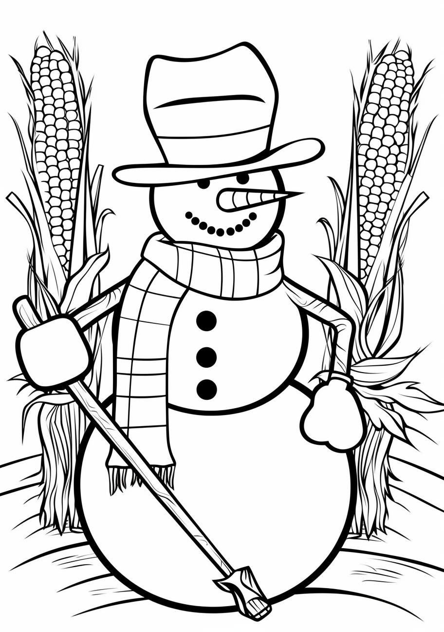 Snowman beside a decorated Christmas tree; bold lines and moderate details.printable coloring page, black and white, free download