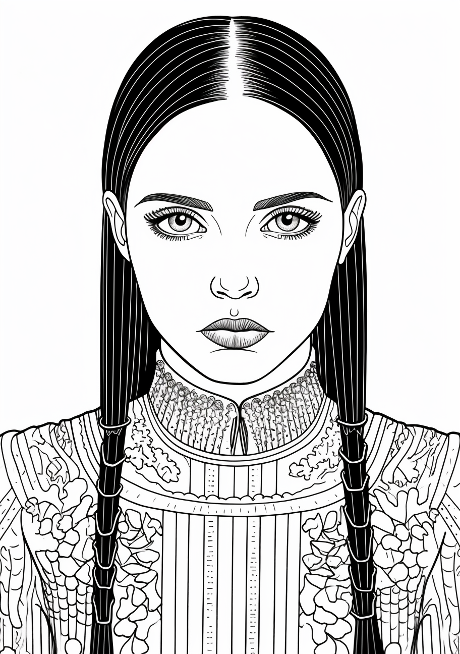 Detailed drawing of Wednesday Addams; intricate lines and adult target style. printable coloring page, black and white, free download