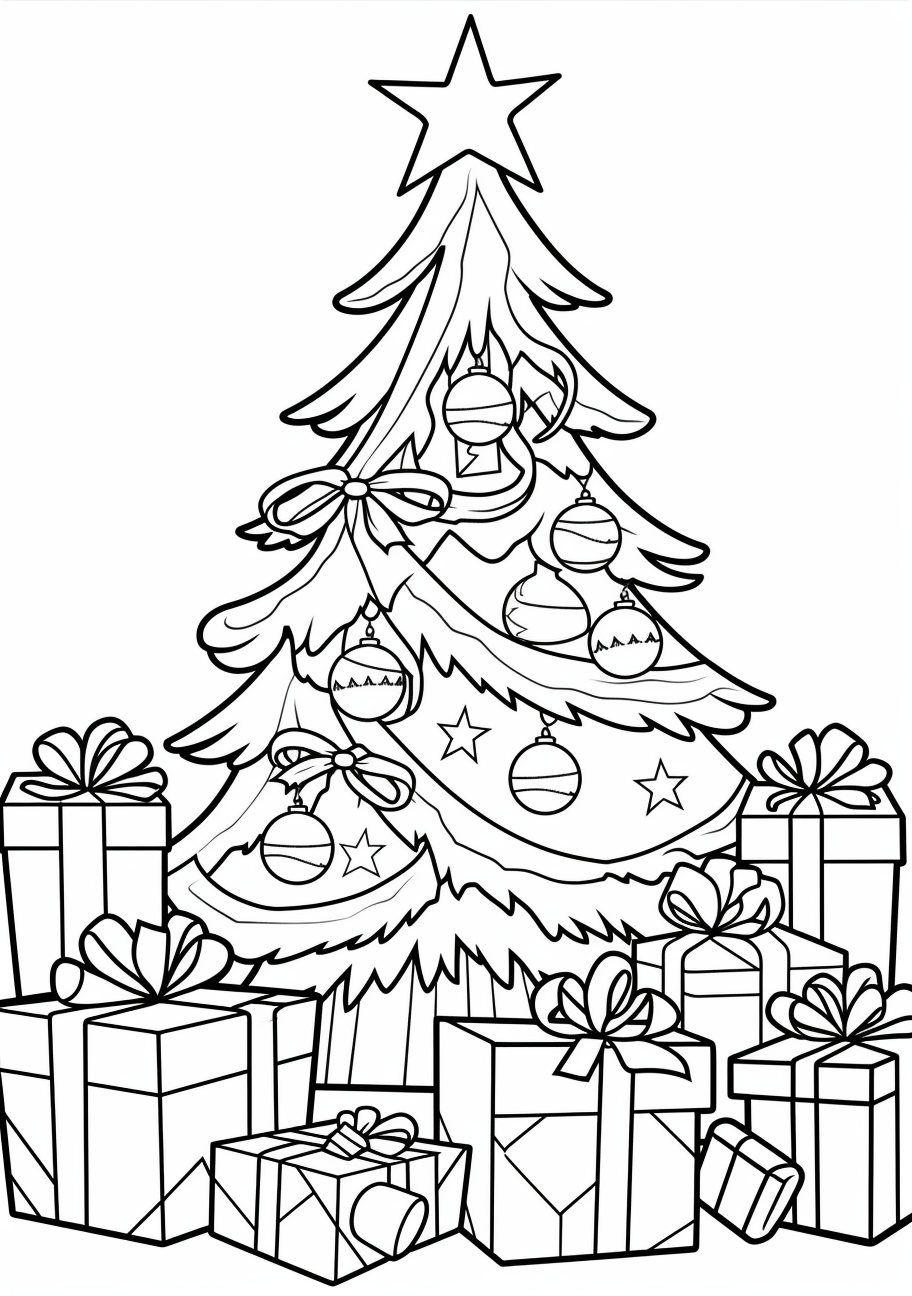 A festive Christmas tree with shiny ornaments and wrapped gifts beneath; bold, bold outlines and simple shapes.printable coloring page, black and white, free download