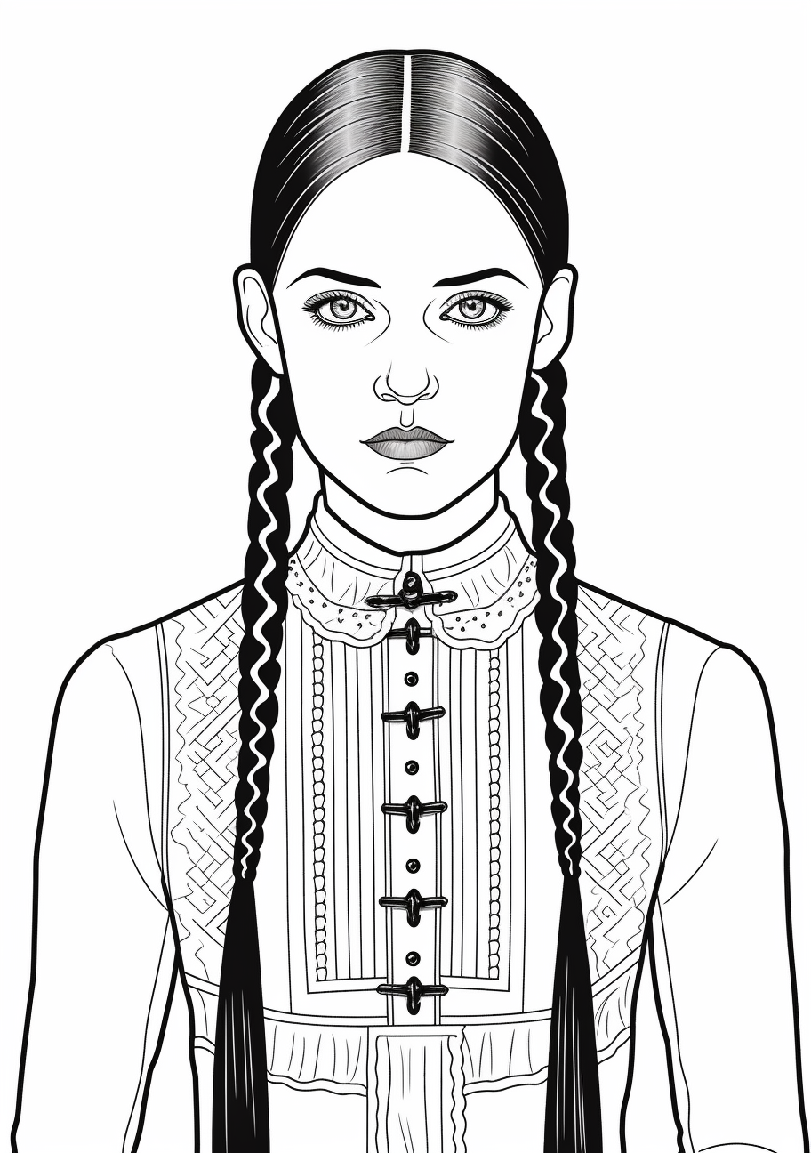 Classic depiction of Wednesday Addams with her signature expression; detailed features with braided hair. printable coloring page, black and white, free download
