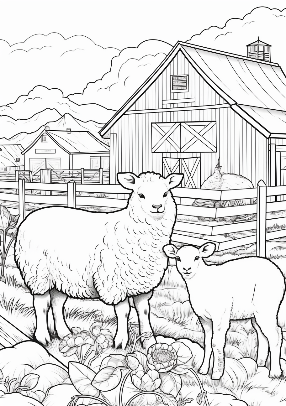 Rustic landscapes including farm animals like ducks and pigs; varying proportions and sizes for depth.printable coloring page, black and white, free download